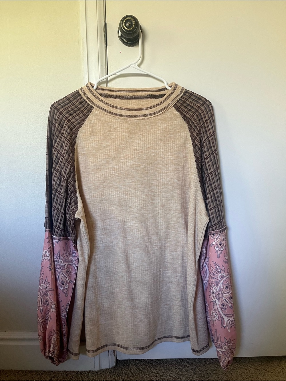 Beige and Pink Mixed-Print Raglan Long Sleeve Top